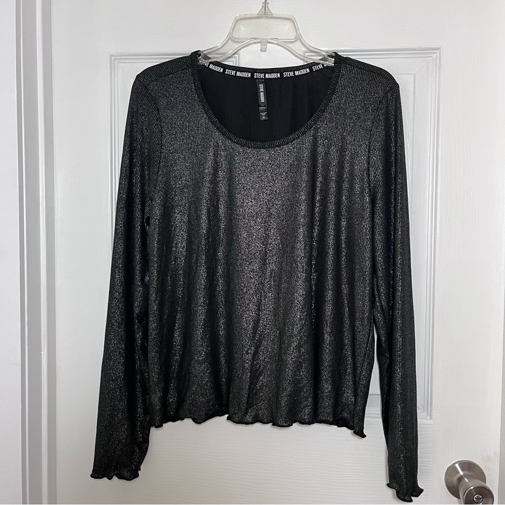 Steve Madden Shimmering Black Long Sleeve Blouse